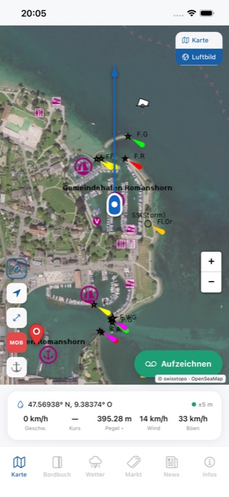 LakePilot Live-Karte mit GPS-Position und Häfen
