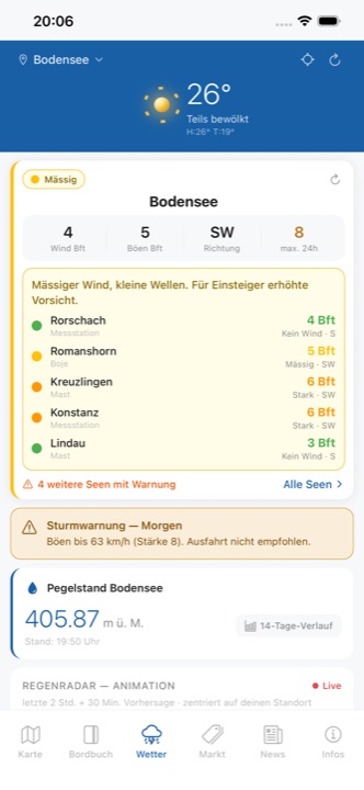 LakePilot Wetter, Warnungen und Pegelstände